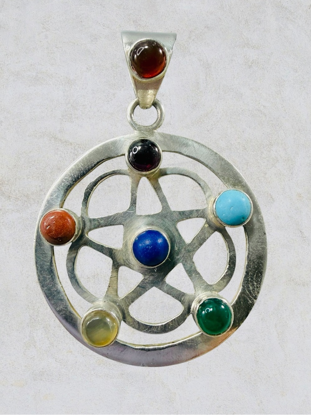 Sterling Silver 925 Chakra Gemstone Pentagram Pendant Boho Metaphysical Healing